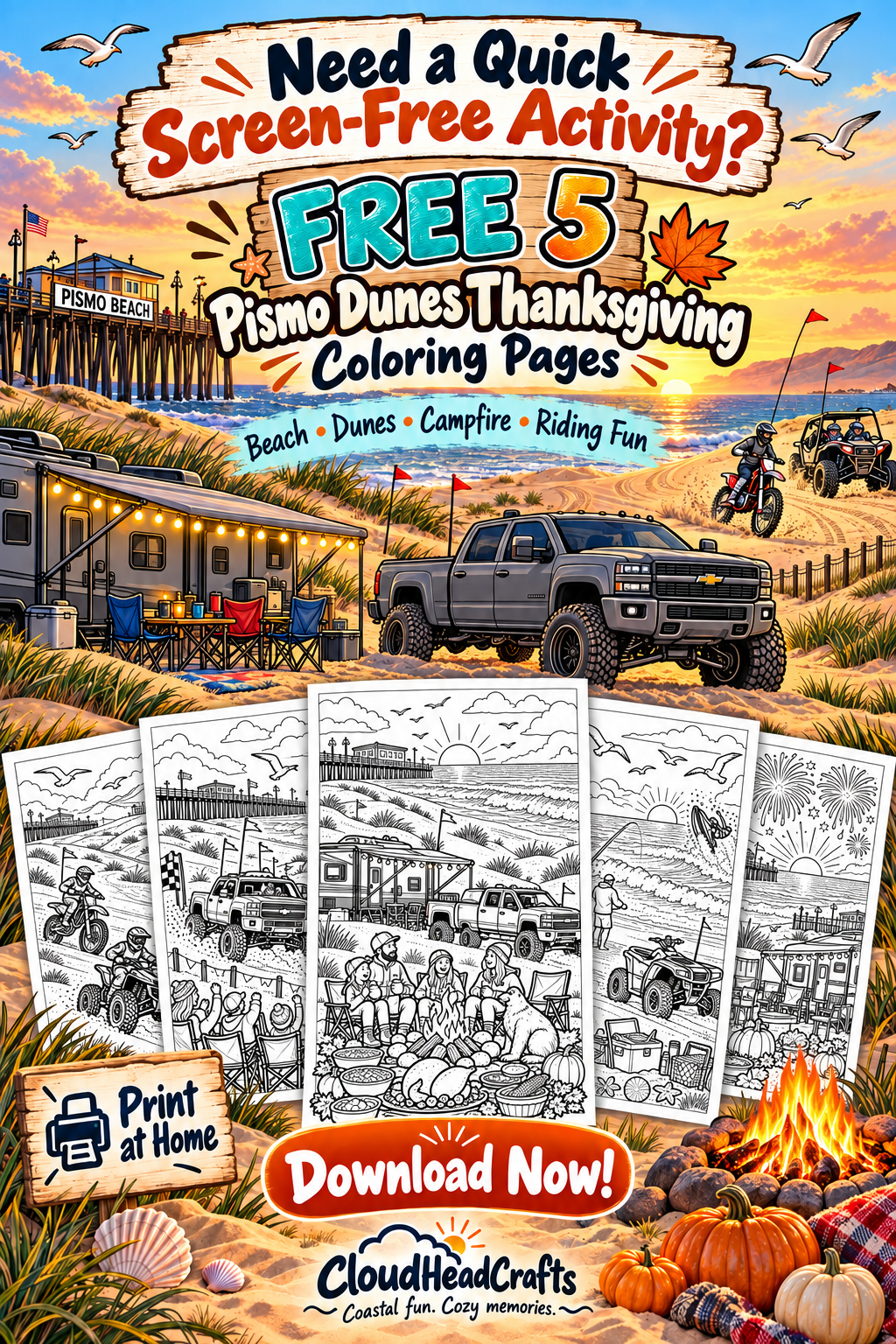 FREE Pismo Dunes Thanksgiving Coloring Pages | 5 Printable Adventure Pages