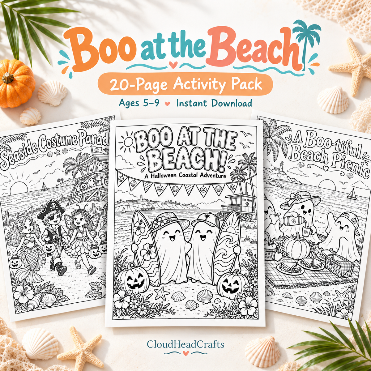 Boo at the Beach | 20-Page Halloween Beach Activity Pack for Kids